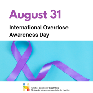 August 31st is International Overdose Awareness Day. A purple ribbon on a blue background.